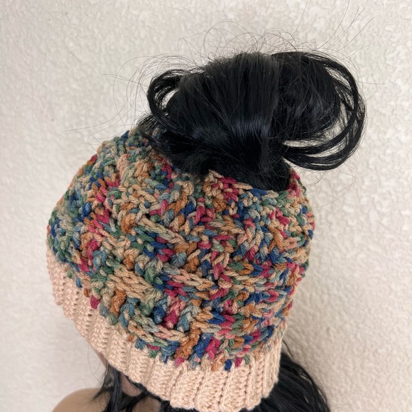 Knit Messy Bun High Ponytail Beanie Hat Basket Weave Multicolor Unlined One Size - Picture 2 of 7